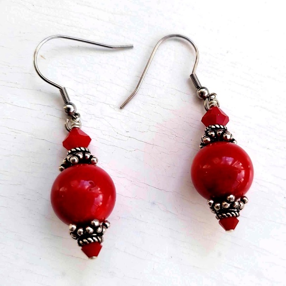 💞💗 Vintage Handmade Indian Red Beads Dangle Silver Spacers Heavy Earrings - Picture 1 of 5